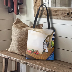 Curious Tabby Cat Grocery Bag Blue Cute     