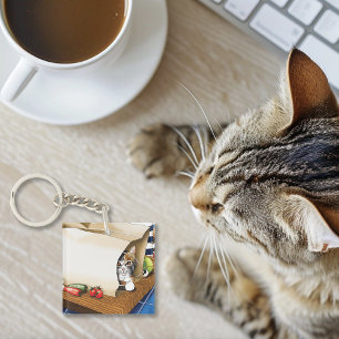 Curious Tabby Cat Grocery Bag Blue Cute Keychain