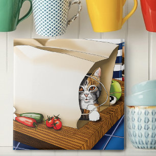 Curious Tabby Cat Grocery Bag Blue Cute Tile
