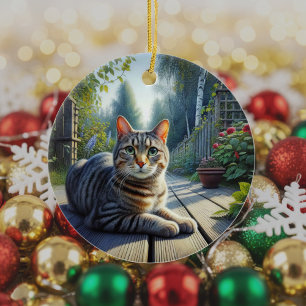Curious Tabby Cat Keepsake Ceramic Ornament