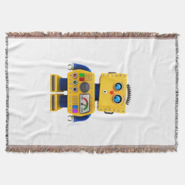 Curious toy robot looking down throw blanket (Front)