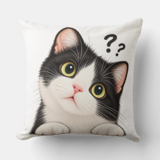 Curious Tuxedo Cat Boki – Cute Funny Cat Illustrat Throw Pillow