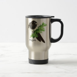 Curious watercolor Magpie Bird Nature Art Travel Mug