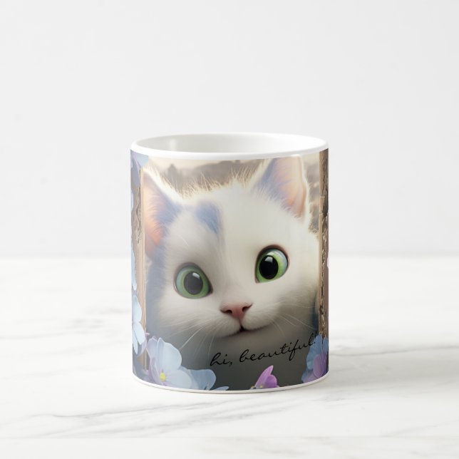 Curious White Cat Flowers Custom Text Mug (Center)
