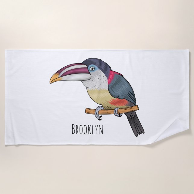 Curl crested aracari bird cartoon illustration beach towel (Front)