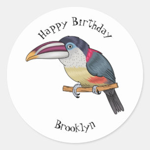 Curl crested aracari bird cartoon illustration classic round sticker