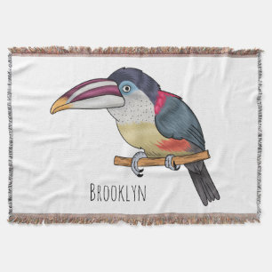 Curl crested aracari bird cartoon illustration  throw blanket