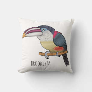 Curl crested aracari bird cartoon illustration throw pillow