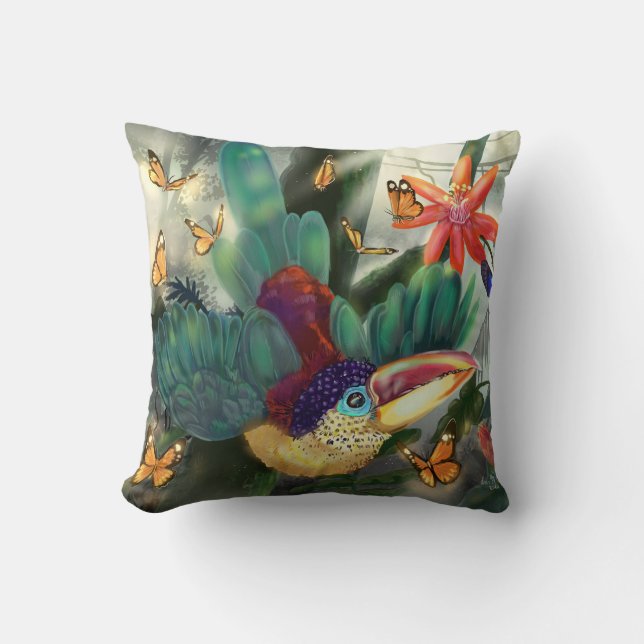 Curl Crested Aracari Toucan Throw Pillow (Front)
