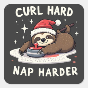Curl Hard Nap Harder Curling Sport Sloth Xmas  Square Sticker