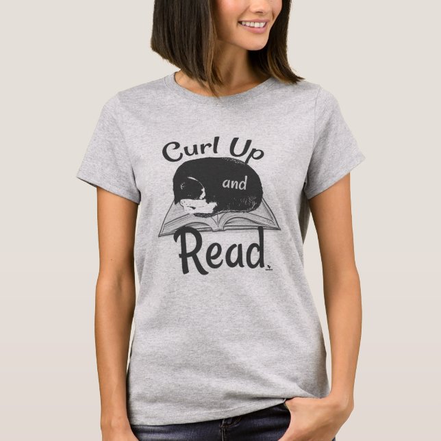 Curl Up Read Cat Cool Reading Design T-Shirt (Front)