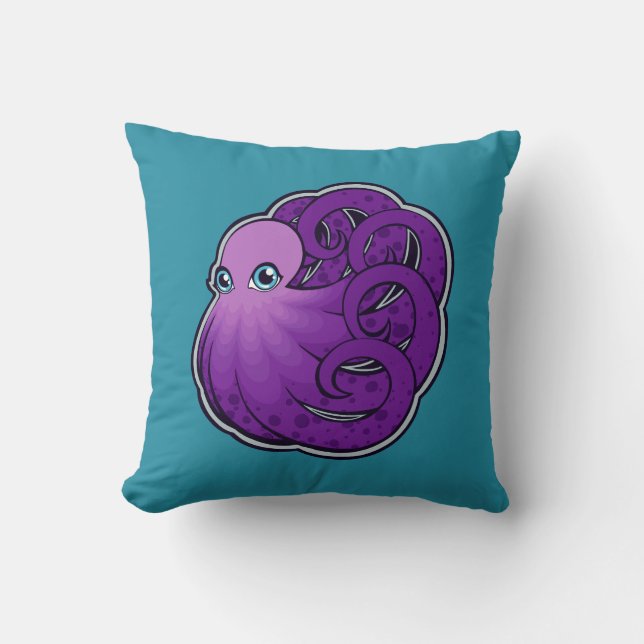 Curled Purple Spotted Octopus Ink Drawing Design Throw Pillow (Front)