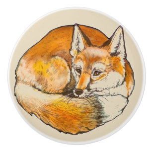 Curled Sly Red Fox Ceramic Drawer Door Pull