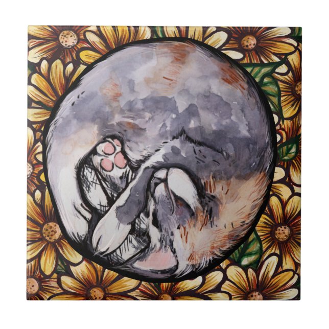 Curled Up Dilute Calico Kitty Cat                  Tile (Front)