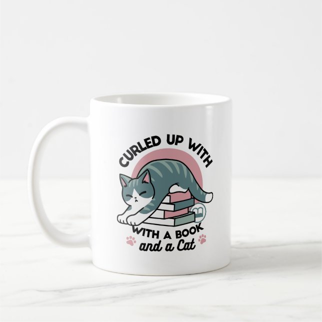 Curled Up with a Book and a Cat - Cozy Cat Reading Coffee Mug (Left)