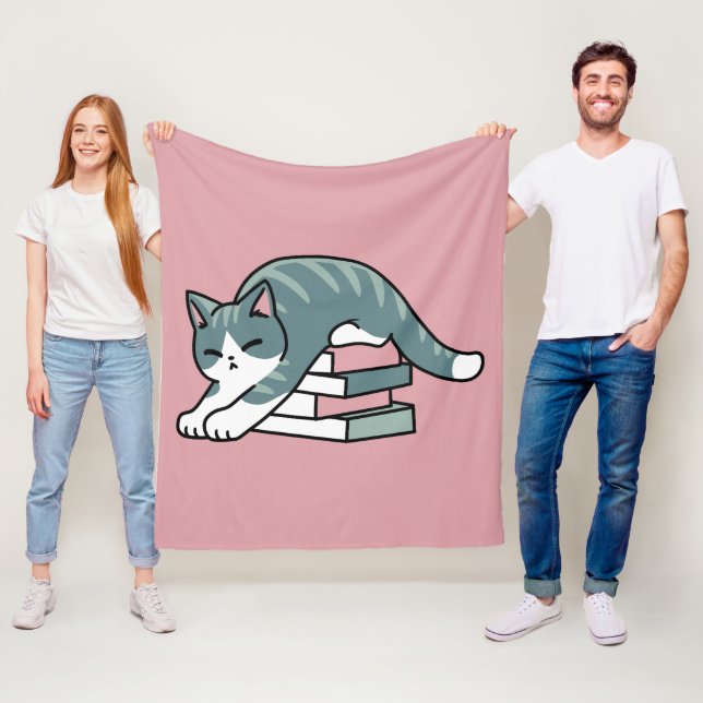 Curled Up with a Book and a Cat - Cozy Cat Reading Fleece Blanket (In Situ)