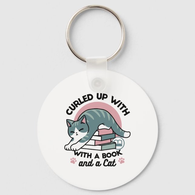 Curled Up with a Book and a Cat - Cozy Cat Reading Keychain (Front)