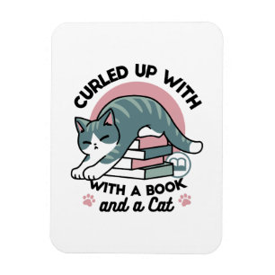 Curled Up with a Book and a Cat - Cozy Cat Reading Magnet