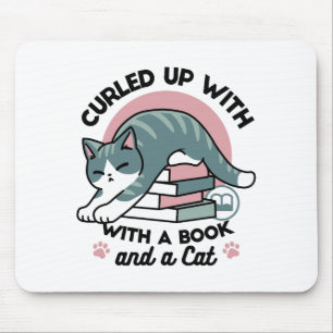 Curled Up with a Book and a Cat - Cozy Cat Reading Mouse Pad