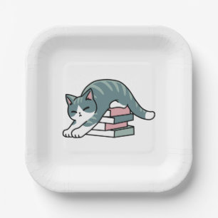 Curled Up with a Book and a Cat - Cozy Cat Reading Paper Plate