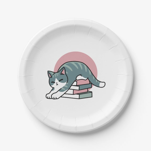 Curled Up with a Book and a Cat - Cozy Cat Reading Paper Plate (Front)