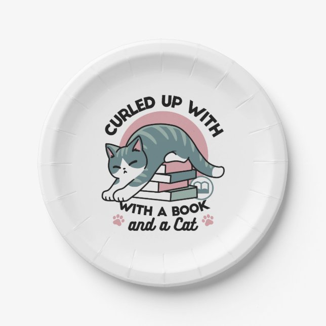 Curled Up with a Book and a Cat - Cozy Cat Reading Paper Plate (Front)