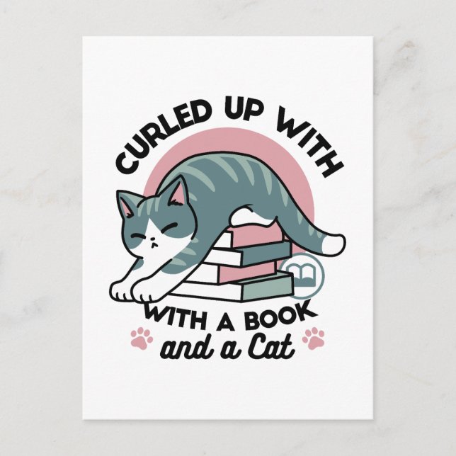 Curled Up with a Book and a Cat - Cozy Cat Reading Postcard (Front)