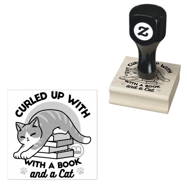 Curled Up with a Book and a Cat - Cozy Cat Reading Rubber Stamp (Stamped)