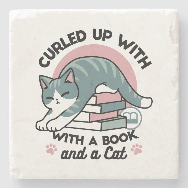 Curled Up with a Book and a Cat - Cozy Cat Reading Stone Coaster (Front)