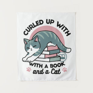 Curled Up with a Book and a Cat - Cozy Cat Reading Tapestry