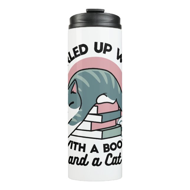 Curled Up with a Book and a Cat - Cozy Cat Reading Thermal Tumbler (Front)