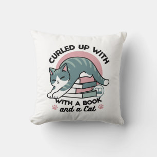 Curled Up with a Book and a Cat - Cozy Cat Reading Throw Pillow