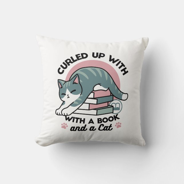Curled Up with a Book and a Cat - Cozy Cat Reading Throw Pillow (Front)