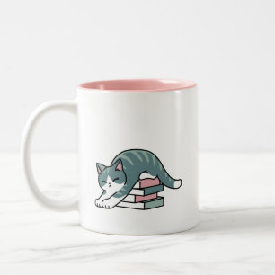 Curled Up with a Book and a Cat - Cozy Cat Reading Two-Tone Coffee Mug