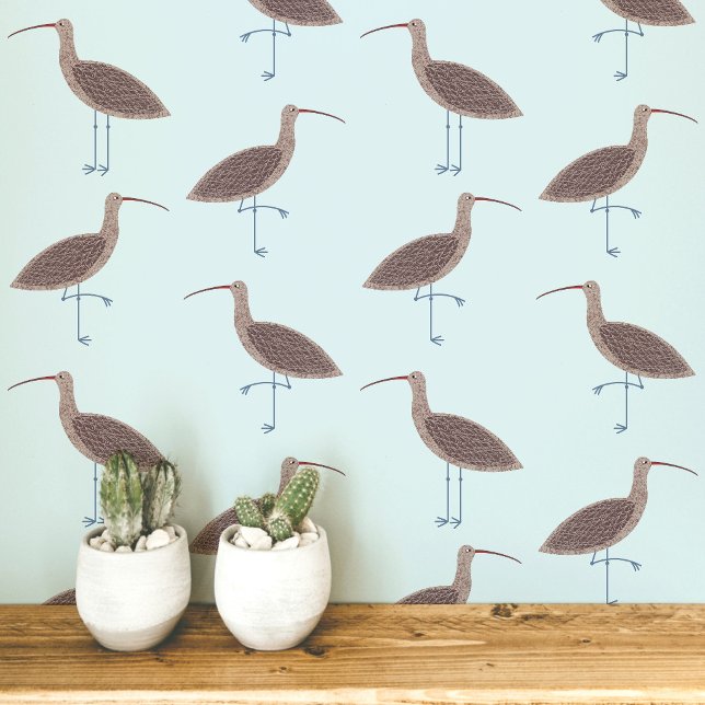 Curlew Bird Coastal Pattern Wallpaper (Curlew coastal bird pale blue art peel and stick wallpaper)