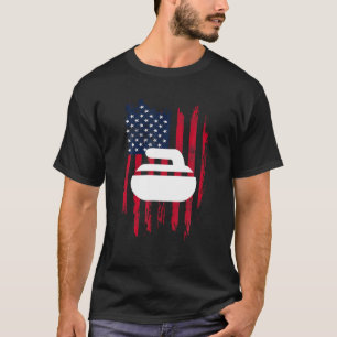 Curling Novelty T Shirt USA Flag Curling Stone