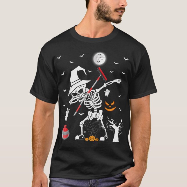Curling Sports Funny Skeleton Dabbing Curling Hall T-Shirt (Front)