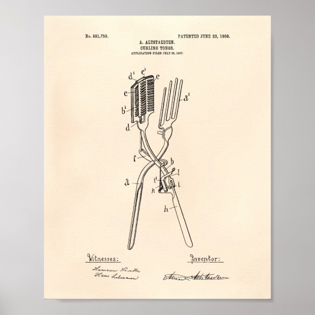 Curling Tongs 1908 Patent Art Old Peper Poster (Front)