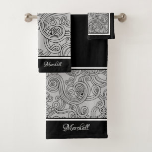Curls Design Grey Black White Bath Towel Set
