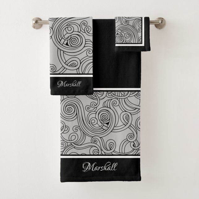 Curls Design Grey Black White Bath Towel Set (Insitu)