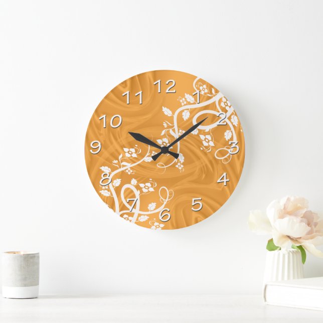 Curls Over Orange With Filigree & Floral Large Clock (Home)