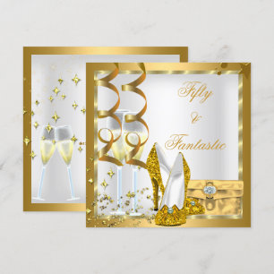 Curly 50 & Fantastic White Gold Birthday Party Invitation