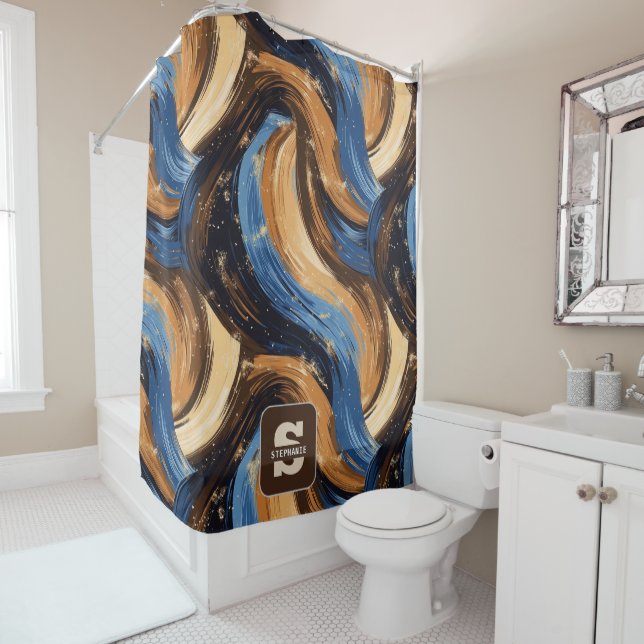 Curly Abstract Brushstrokes in Blue & Brown (In Situ)