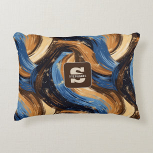 Curly Abstract Brushstrokes in Blue & Brown Accent Pillow