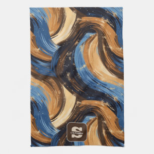 Curly Abstract Brushstrokes in Blue & Brown Kitchen Towel