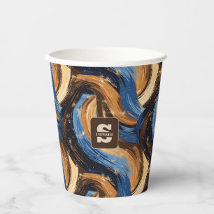 Curly Abstract Brushstrokes in Blue & Brown Paper Cups