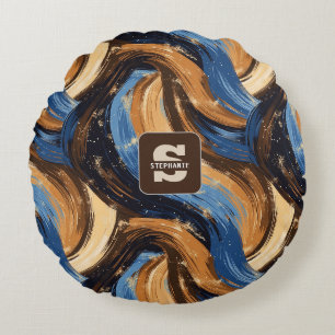 Curly Abstract Brushstrokes in Blue & Brown Round Pillow