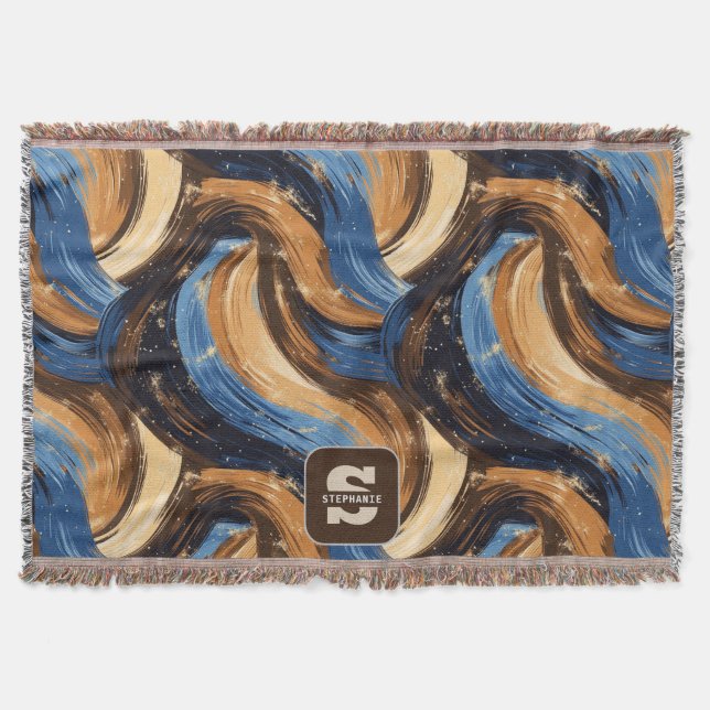Curly Abstract Brushstrokes in Blue & Brown Throw Blanket (Front)