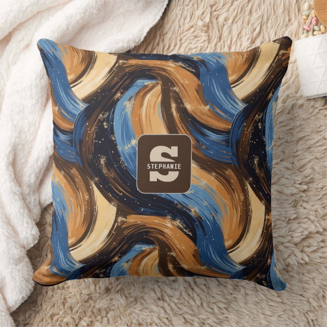Curly Abstract Brushstrokes in Blue & Brown Throw Pillow (Blanket)
