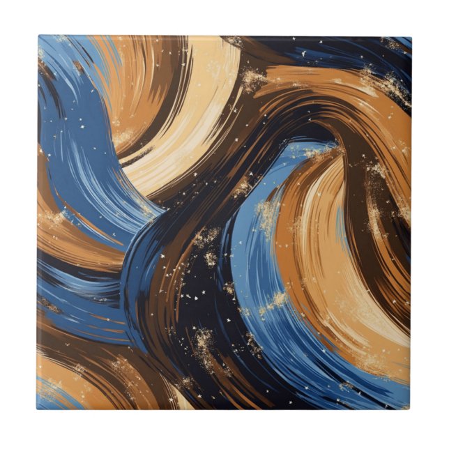 Curly Abstract Brushstrokes in Blue & Brown Tile (Front)